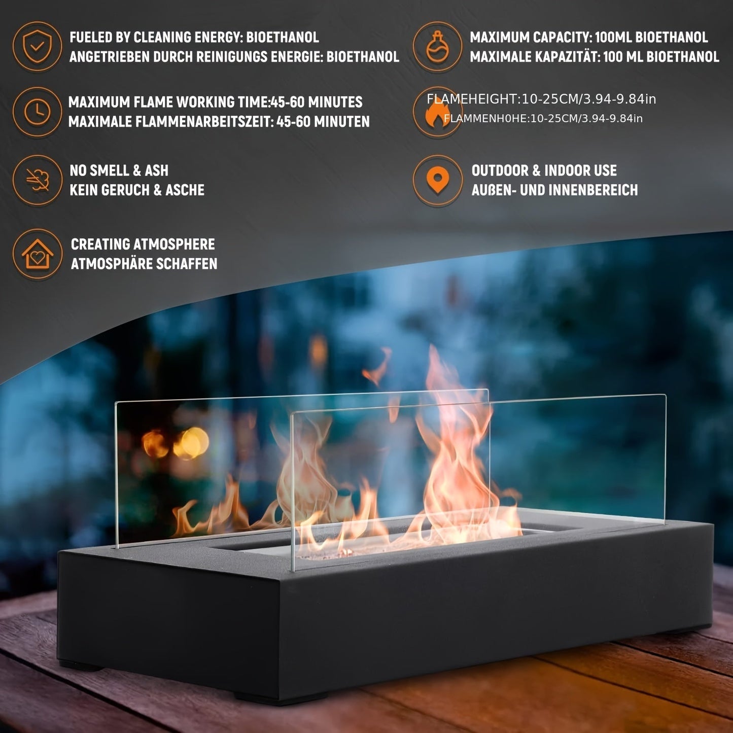 One piece of a Tabletop Fire Pit that is portable and can be used with alcohol. This Bioethanol Tabletop Fireplace is perfect for outdoor camping and has a rectangular shape. It provides a clean burning real flame and is a convenient household gadget.