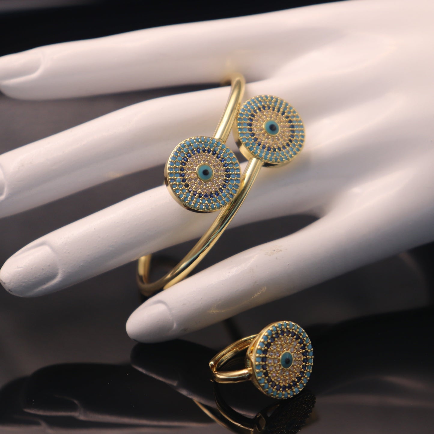 24K gold plated bangle with ring featuring elegant turquoise inlay, ideal for special occasions and festivities. Crafted from high-quality alloy for long-lasting wear.