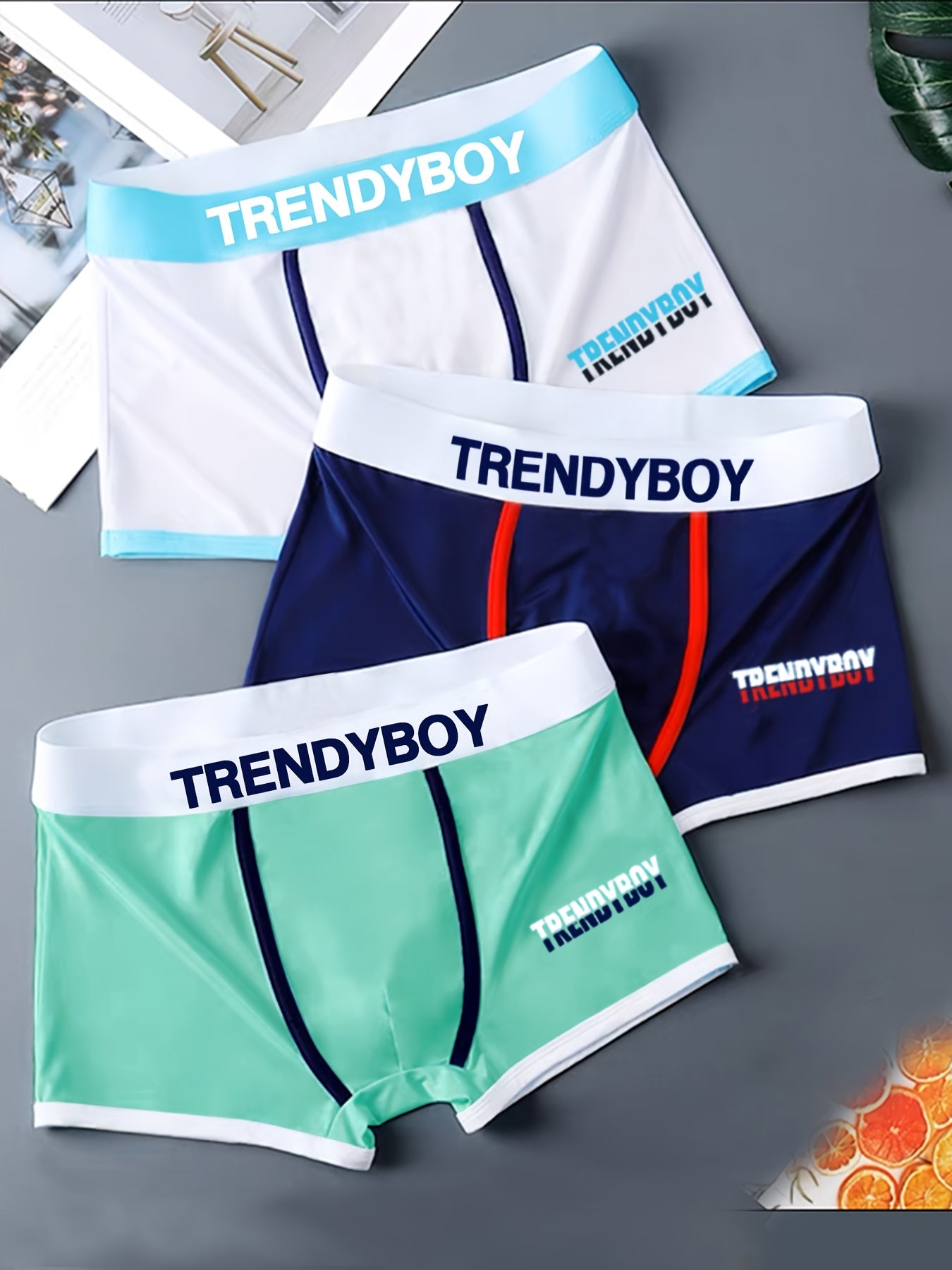 TrendyBoy Men's Boxer Briefs 3-Pack - Soft polyester knit with stretch, alphabet pattern and patched details, 95% polyester, 5% elastane