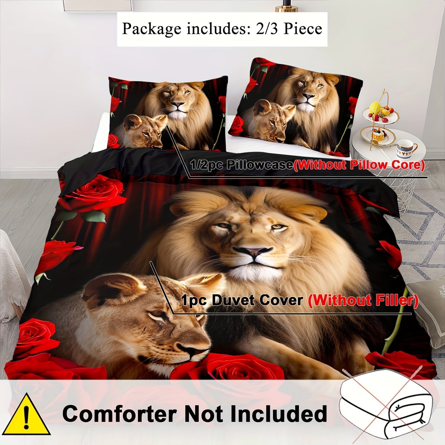 2/3pcs Duvet Cover Set, Soft and Comfortable featuring black lion duvet cover set in king size, lion twin bedding set for boys, 3d animal print duvet cover in queen size, and red rose queen