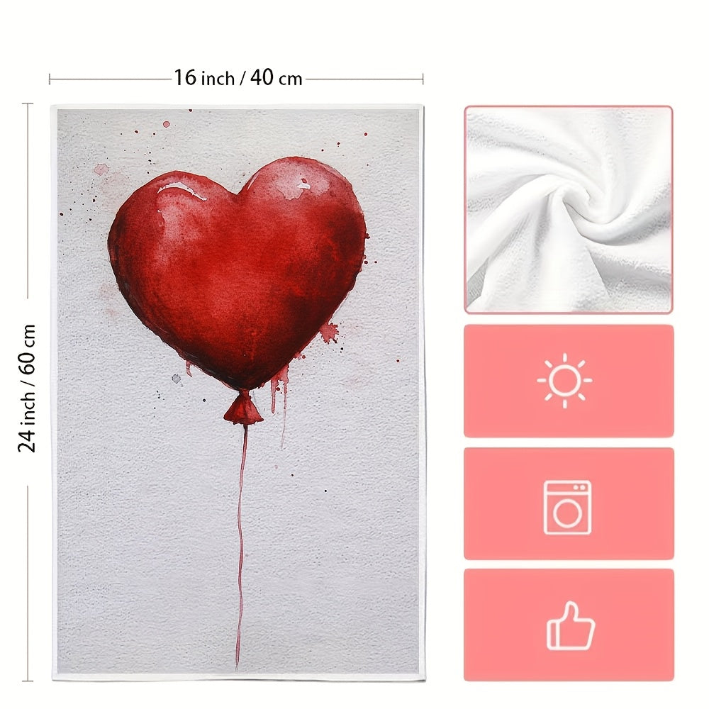 Two pieces of ultra soft kitchen towels featuring a Valentine's heart balloon design. These highly absorbent and machine washable dish hand towels are contemporary red on white decor and measure 40.64x60.96 cm. A must-have addition to your kitchen!