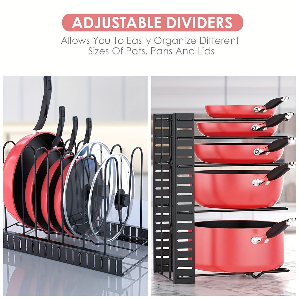 8-tier kitchen organizer rack made of rust-proof iron adjusts to fit under cabinets for space-saving storage of pots and pans.