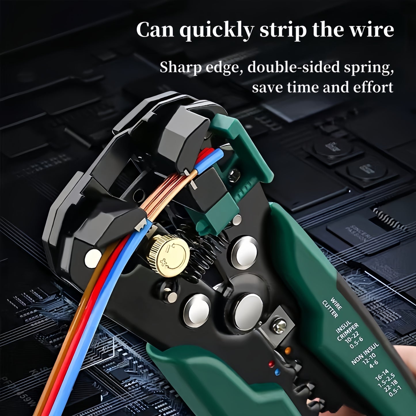 Professional automatic wire stripper and cutter for electricians, with self-adjusting insulation stripping tool and built-in crimper. Durable metal construction.