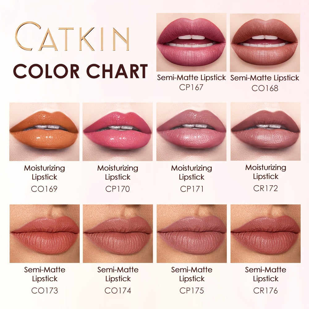 CATKIN Red Carving Matte Lipstick with Waterproof Long-Lasting Satin Finish for Smooth Red and Nude Lips.