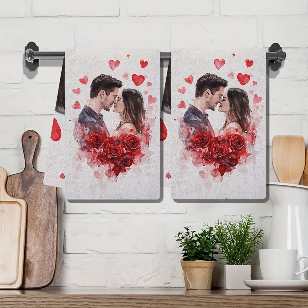 Two Romantic Valentine's Day Kitchen Towels - These ultra soft and highly absorbent polyester dish hand towels measure 40.64x60.96 cm. They feature an embracing couple and red roses design, perfect for holiday decor. These machine washable dish towels