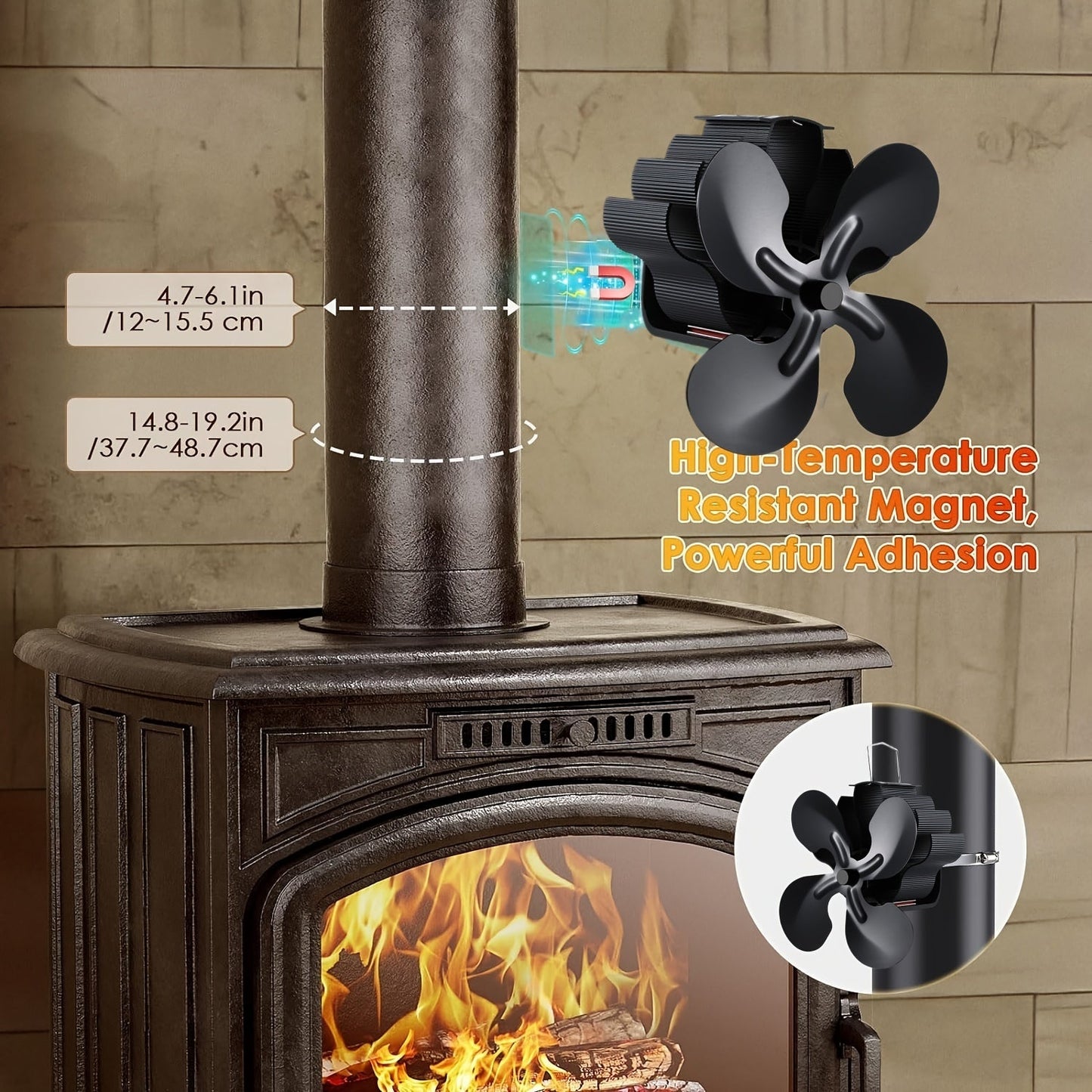 Silent & High-Performance 4-Blade Magnetic Fireplace Fan - Ideal for Wood Stoves, Log Burners & Improving Airflow - Features Adjustable Strap, Sleek Polished Aluminum Design, Ideal for Winter Use