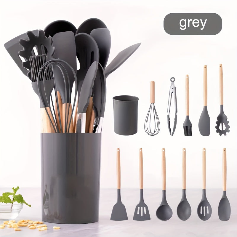 A bundle of 12 high-quality kitchen utensils with wooden handles and heat-resistant silicone heads, including cooking spatulas and spoons. Comes with a convenient storage bucket for easy organization. Built to last and suitable for any cooking task.