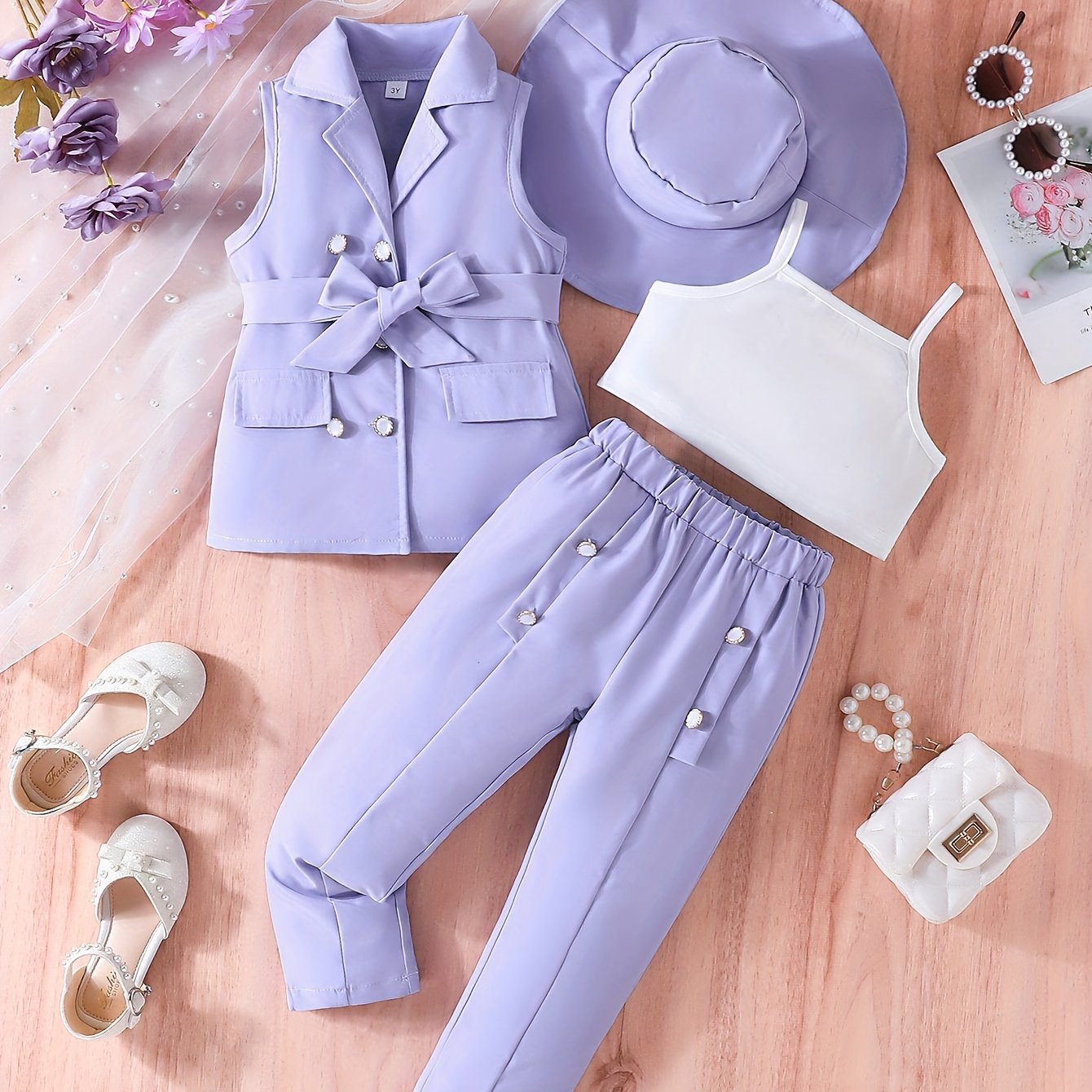 4-piece girls suit: sleeveless vest, trousers, camisole with hat set for daily, casual, and party wear.