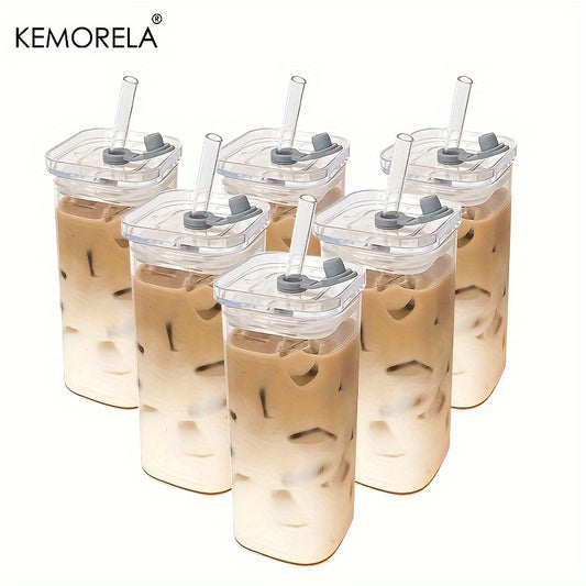 KEMORELA 4/6pcs 380ml/12oz Portable Drinking Cup - Rectangular Heat-Resistant Glass Mug with Lid and Straw - Durable and Versatile for Hot or Cold Beverages, Single-Piece Packaging, Perfect for On-The-Go.