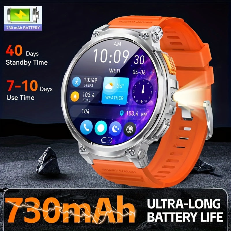 Men's Smartwatch with HD 4.7cm Display for Wireless Calling, Music, Weather Updates, LED Flashlight, Sports Tracking. Perfect for iPhone and Android. Great Gift Idea.