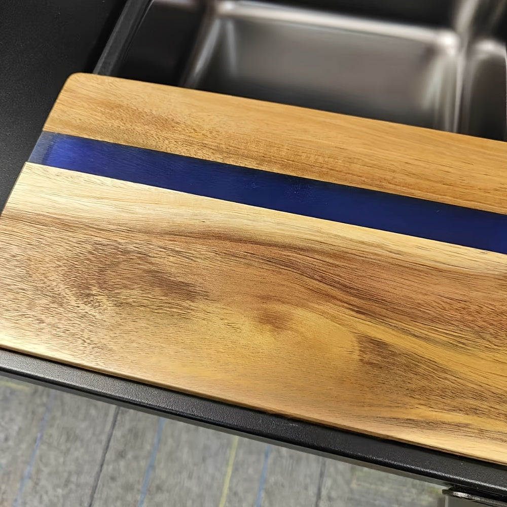 Artisan-made Acacia Wood and Resin Cheese Board Set, Multi-functional Wooden Charcuterie Platter, Stylish Kitchen Serving Tray, Made with Food-Safe Materials, Featuring a Clear Blue Stripe Design, Perfect for Hosting Gatherings, Great for Gifting on