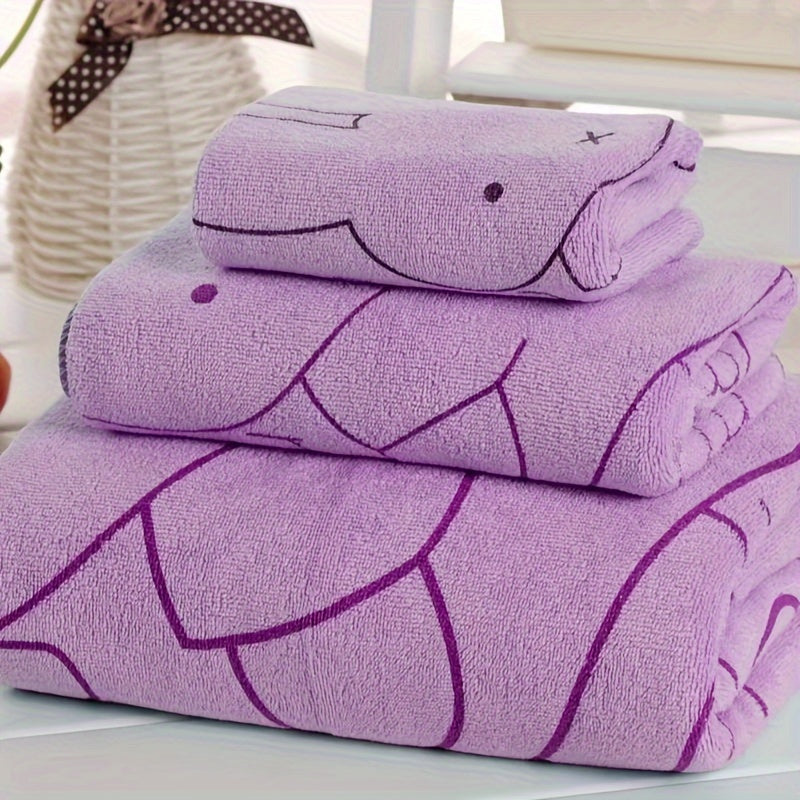 3-piece Cartoon Patterned Towel Set: Soft, absorbent, ultra-thin, and breathable. Featuring a contemporary style, 100 GSM knit fabric made of a polyester and nylon blend. Oblong shape