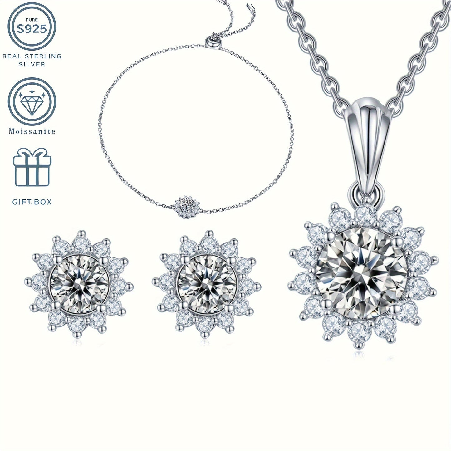 Set of 4 Stunning Moissanite Jewelry Pieces in 925 Sterling Silver Plating, Featuring Hypoallergenic Sunflower Necklace, Earrings, and Bracelet. Ideal for Weddings or Gifts, Suitable for Thanksgiving Day. Comes with Gift Box Included.