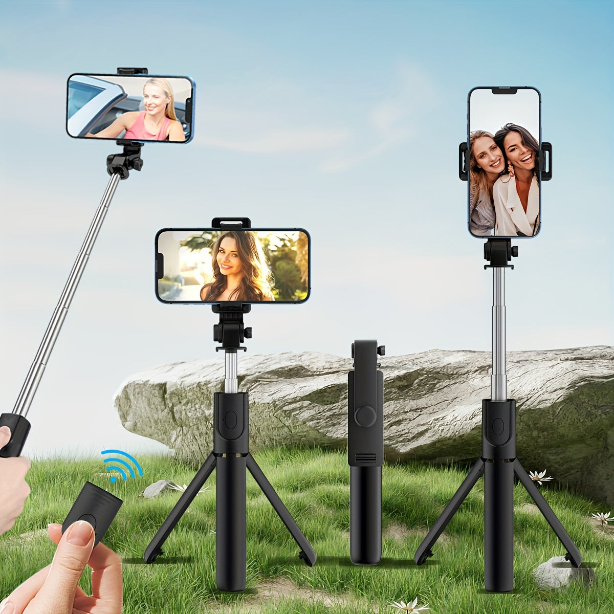 Multi-purpose wireless selfie stick with tripod, remote control, phone holder, and live streaming capabilities, perfect for travel and taking photos.