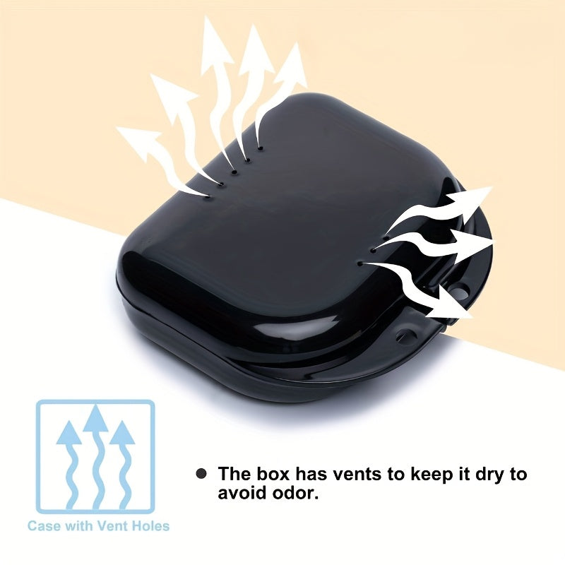 Odor-free 6/8 denture case with ventilation holes, ideal for clear aligners and night guards. Secure locking mechanism, perfect for travel. Available in black, white, yellow, light purple