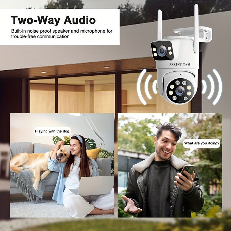 Outdoor Dual Lens WiFi Security Camera with AI Human Tracking, Color Night Vision, Two-Way Audio, and Pan Tilt Rotation. App controlled and USB powered. TF card not included. SZSINOCAM.