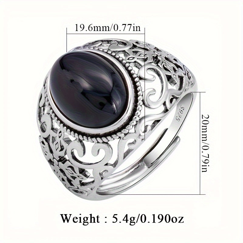 925 Sterling Silver Vintage Punk Style Ring with Adjustable Imitation Jade and Agate Stone, Ideal for Casual Wear or as a Gift