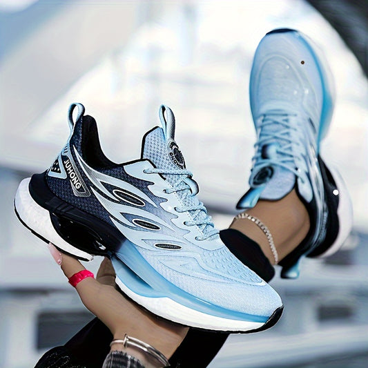 Mesh blade sneakers with color blocking, soft sole lace-up platform shoes for casual walk and light run.