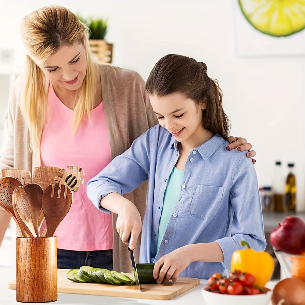 Set of 7 cooking utensils made of premium wood, including a shovel and spoon, designed for heat resistance and use with non-stick pans. Also includes a salad spoon and fork, perfect kitchen accessories for cooking.