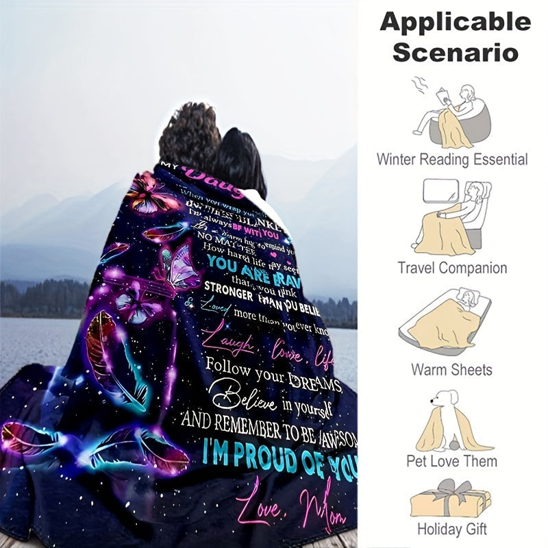 One purple envelope blanket for my daughter, perfect for lounging on the sofa, bed, or travel adventures. This lightweight flannel throw is great for camping, living room gatherings, the office, couch, chair, and of course, the bed. Featuring digital