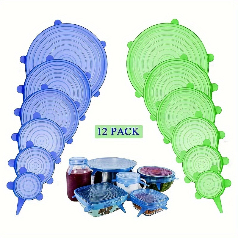 A set of 6/12 smile-shaped elastic lids made from food-grade material. These retractable bowl lids are reusable and perfect for storing fruits, vegetables, and other food items. They are dishwasher safe and can be used as multi-purpose crisper lids for