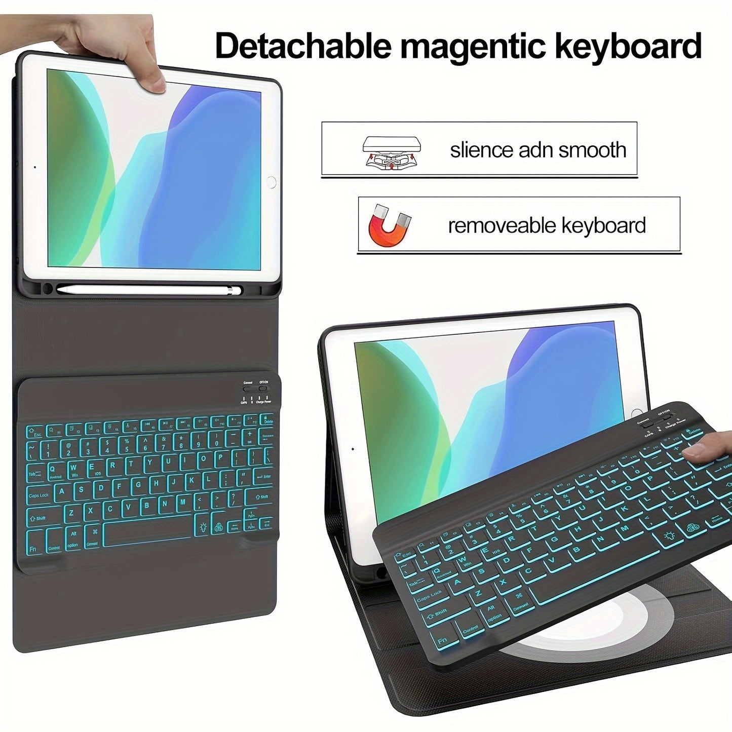 Keyboard case with pencil holder, detachable wireless keyboard, and 7 color backlighting, compatible with iPad 11, 10.9, 10.5, 25.91 cm, iPad 9th/8th/7th gen, iPad 10th gen 27.69 cm, iPad