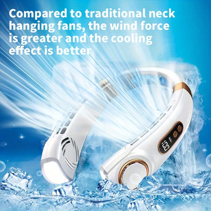 The USB rechargeable wearable mini fan with button control is a portable LED neck fan that provides quiet personal cooling. It is ideal for both indoor and outdoor use, made from plastic material with a built-in lithium battery and 5W power.