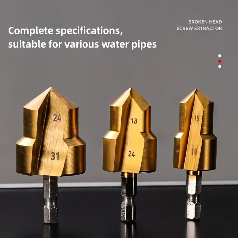 Set of three high-speed steel pipe expansion drill bits (20mm, 25mm, 32mm) with metal adapter for hot and cold water pipe repair. Features hex shank for manual operation, no battery needed.