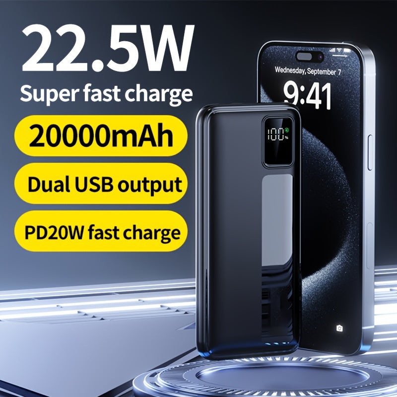 20000mAh Portable Power Bank with super fast charging and LED battery display, suitable for iPhone and Android devices. Ideal for outdoor emergencies.