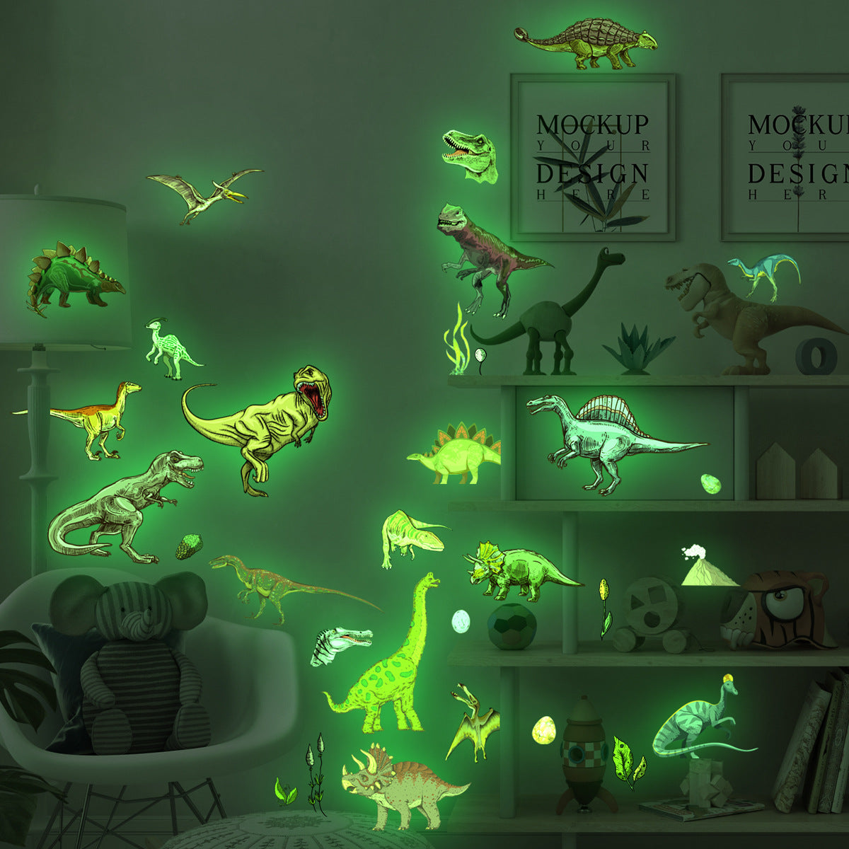 Glow in the dark dinosaur wall stickers for living room or bedroom decor.