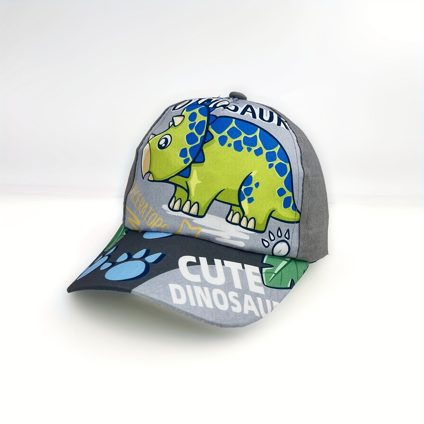 Adjustable cartoon dinosaur print baseball cap for boys and girls.