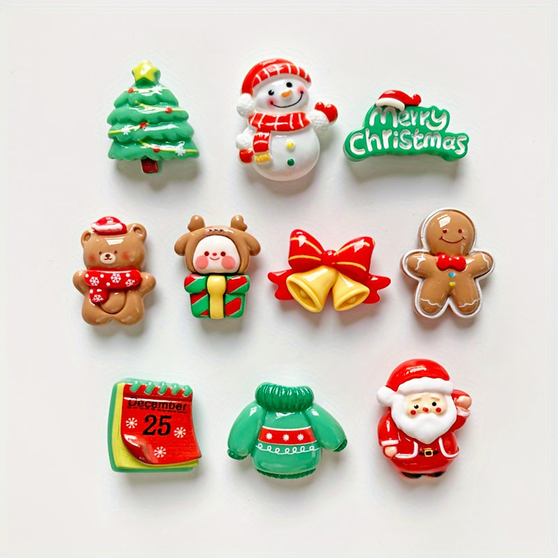 Set of 10 Christmas Refrigerator Magnets featuring Plastic Santa, Snowman, and Tree Figures. These Holiday Magnetic Stickers make for festive and decorative additions to your fridge, perfect for adding a touch of holiday cheer to your Home, Kitchen, or