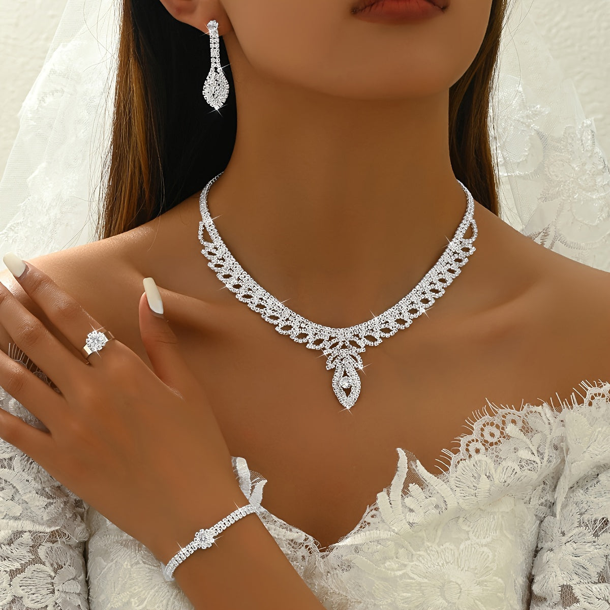 Complete Wedding Jewelry Set for Women - Includes Floral Necklace, Dangle Earrings, Adjustable Bracelet, and Cubic Zirconia Ring. Perfect for Bridal Bridesmaids at Prom or other Elegant Events.