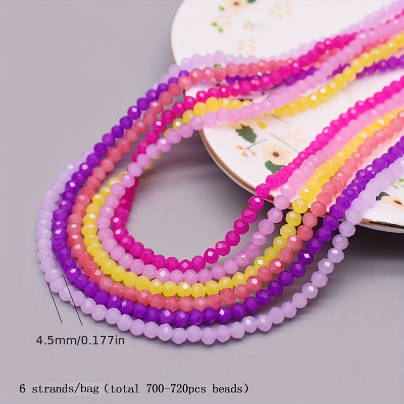 720 pieces of faceted glass rondelle beads measuring 4mm each, sold in a convenient bag. Perfect for crafting jewelry, DIY projects, and adding embellishments to clothing items such as necklaces, bracelets, and more.