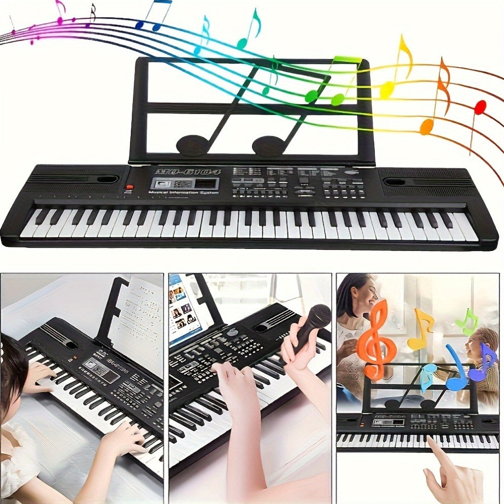 61-key kids electronic keyboard with interactive learning, microphone, ideal for children ages 3-12. Black, batteries not included.