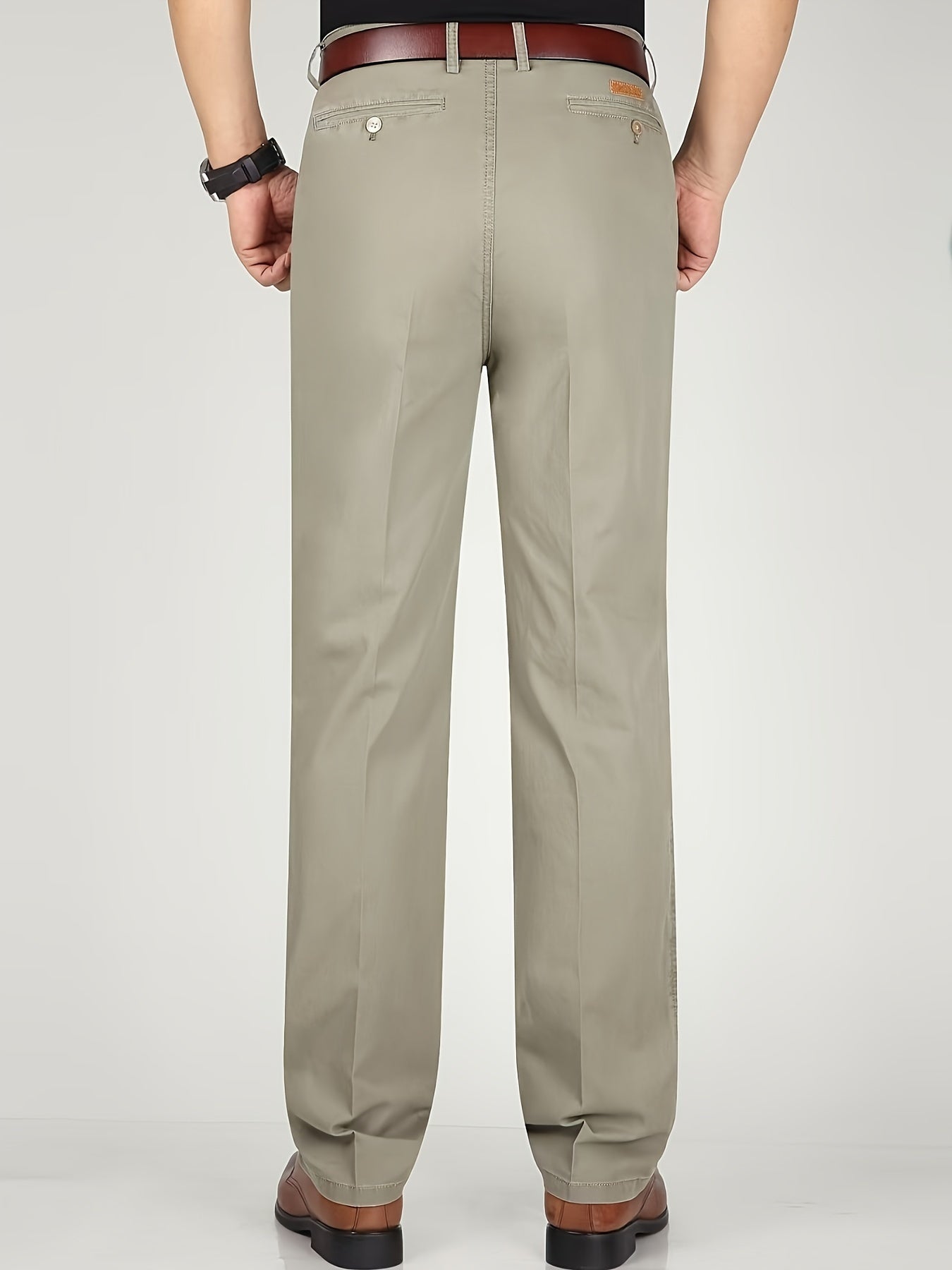 Men's solid straight leg business slacks with versatile draping, light business style.