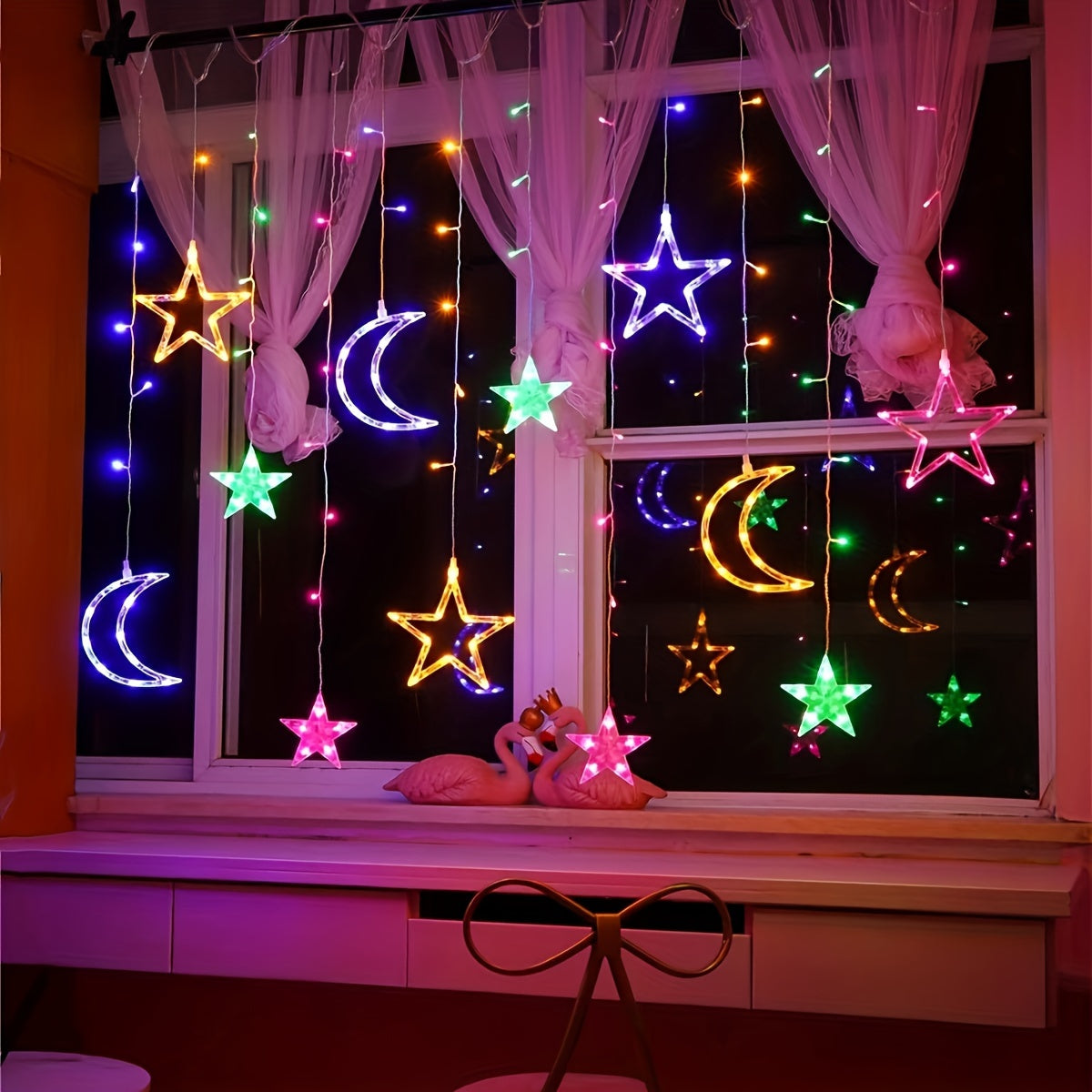 1 set of LED fairy curtain lights with stars and moon for decoration during various events including Ramadan, Valentine's Day, weddings, birthdays, graduation ceremonies, parties, and