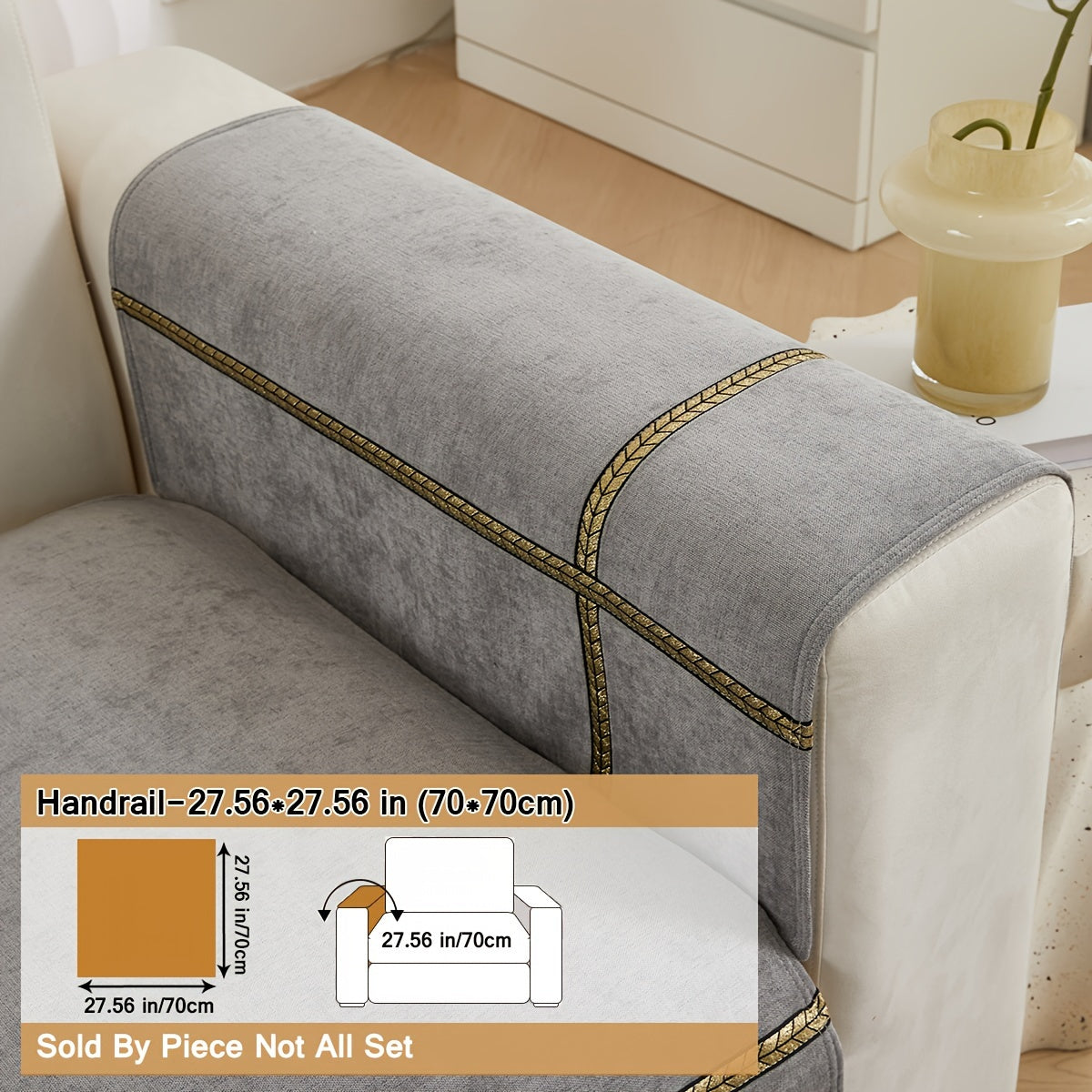 Elegant gray chenille sofa cover with golden braided trim. Non-slip, pet-friendly, and fits single to four-seater sofas. Perfect for all-season use as an elegant home decor in the living room.