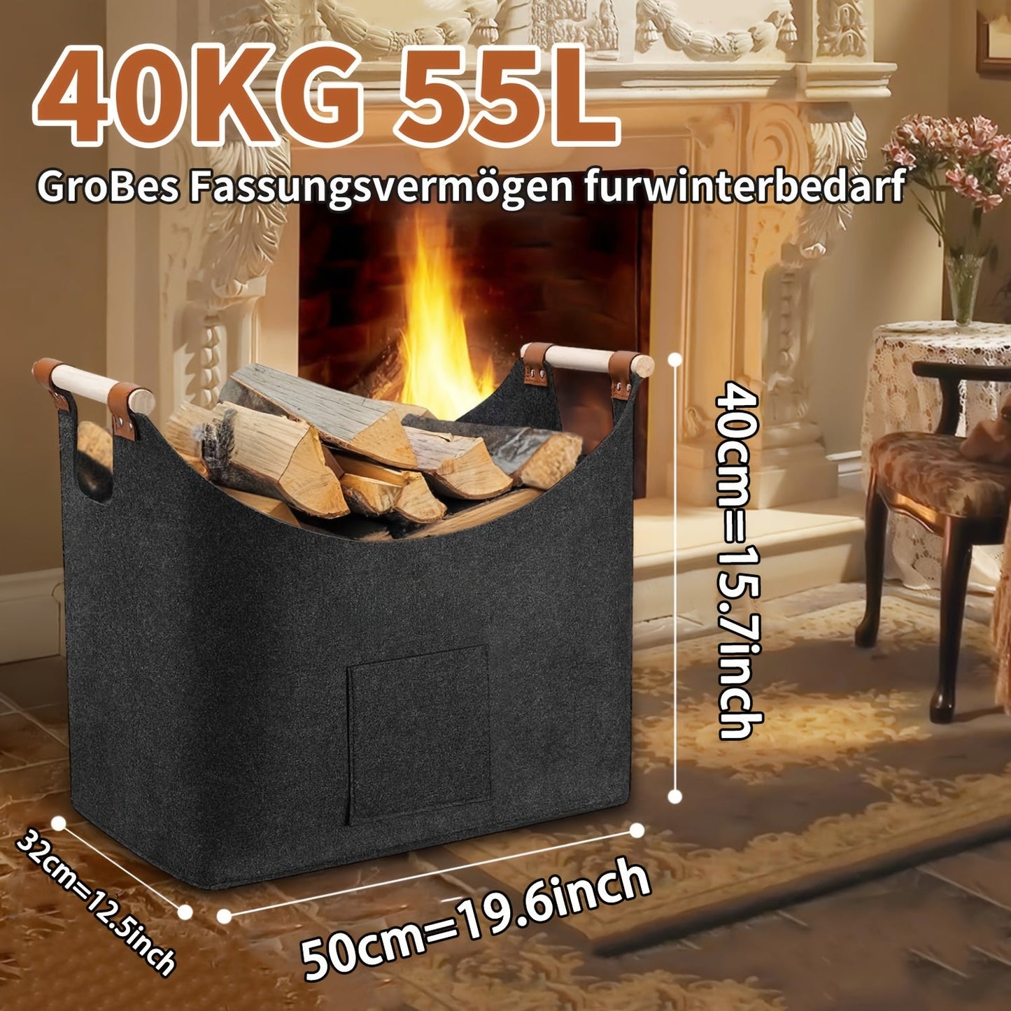 Large Capacity Firewood Basket, Foldable Log Carrier made of Thick Felt - Multifunctional Storage Bag for Firewood, Toys, Clothes, and Newspapers - Measures 32x50x40cm