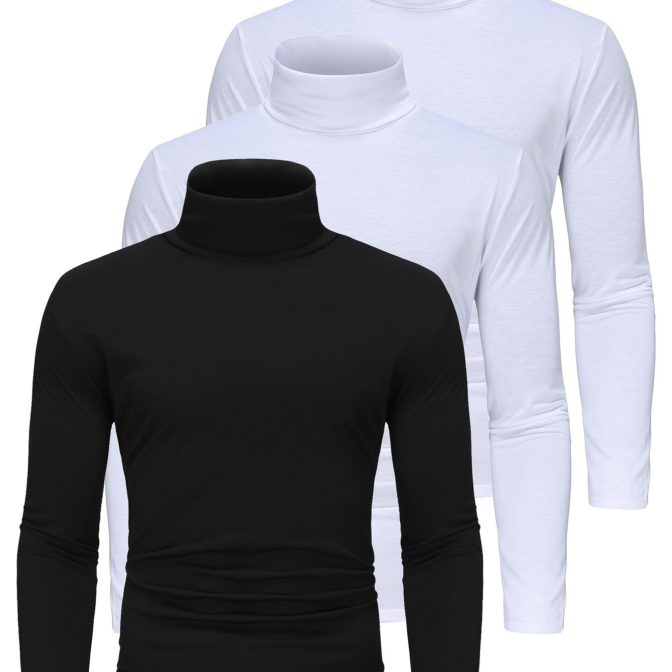 Three men's high neck long sleeve turtleneck t-shirts in solid color, made of polyester knit fabric with medium stretch, perfect for fall/winter.