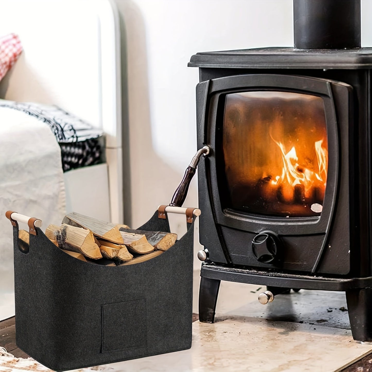 Extra large foldable log basket designed for fireplaces, 55L capacity with thickened felt material for wood storage. Features extended handles for easy indoor wood burner transport, keeps firewood organized. Made with durable dark gray material.