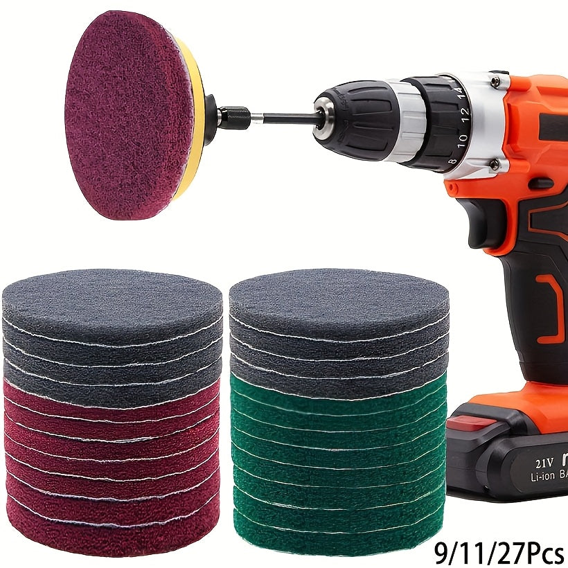 Set of 27 pieces, Power Scrubber Pads Drill Brush Attachment, 10.16 cm Headlight Restoration Kit Drill Brush Scouring Pads for Kitchen, Bathroom, Grout, Carpet, Shower, Tub, Grill, Tile, Sanding. Drill not included. Includes cleaning supplies and tools.