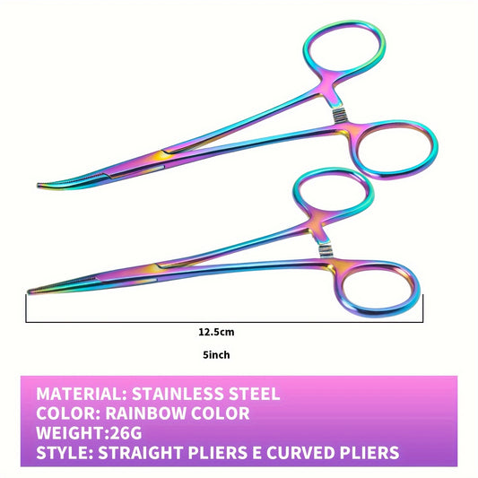 Set of 2 rainbow-colored hemostat forceps made of stainless steel, with straight and curved pliers for medical, veterinary, and hobby use. Ergonomic design for rust-resistance and