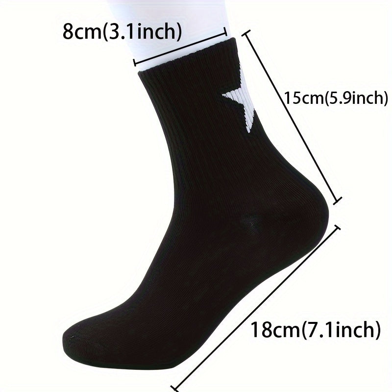 2/3 Pairs of Star Pattern Crew Socks for Men and Women - Breathable Polyester-Spandex Blend, Mid-Calf Basketball Socks with Geometric Design, Black & White, Cute Summer Socks