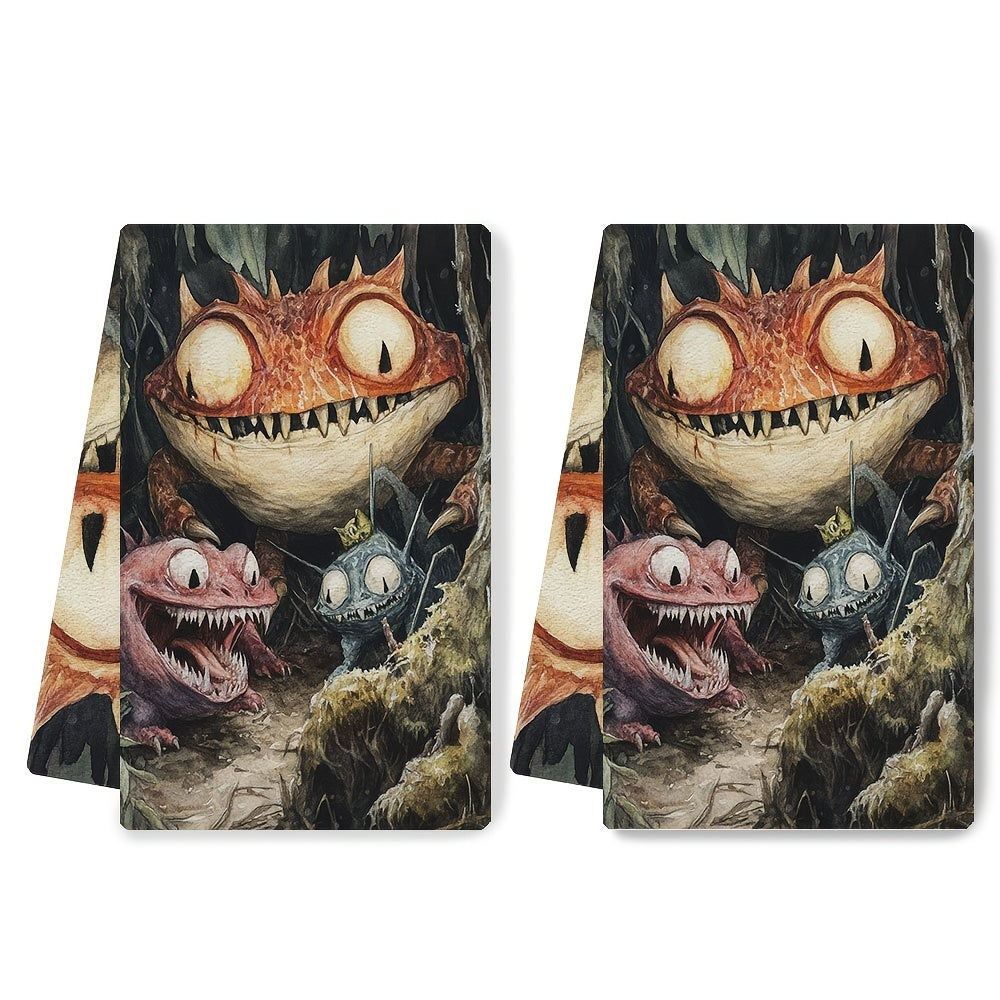 Two pieces of incredibly plush kitchen towels featuring designs of Cryptid Creatures from around the world. These highly absorbent and machine washable dish towels measure 40.64x60.96 cm, making them perfect for holiday decor in the kitchen. These