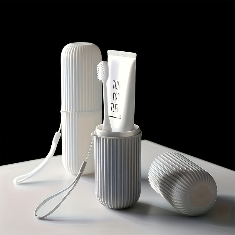 Portable toothbrush holder with rinse cup for travel and bathroom use, hypoallergenic and alcohol-free.