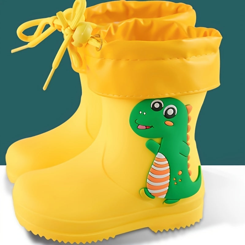 Durable PVC mid-calf youngsters' cartoon rain boots with drawstring closure. Waterproof, anti-slip, and perfect for outdoor activities. Ideal for boys and girls.