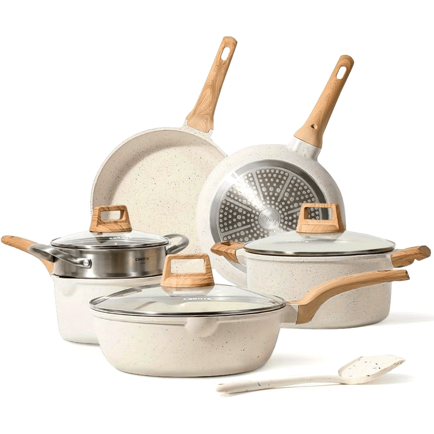 White Granite Nonstick Cookware Set - 12 Pieces, Induction Compatible, Free of PFOA & PFOS - Includes Frying Pans & Saucepans for Winter Cooking in the Home Kitchen