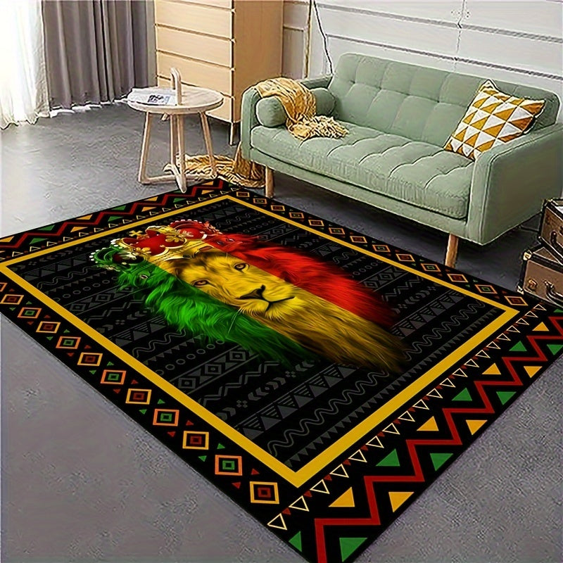 Soft, non-slip, and washable polyester mat with a modern African design featuring a vibrant 3D Lion King print. Perfect for adding a touch of personality to your living room, bedroom, kitchen, or home office decor.  Suitable for use as a rug in your