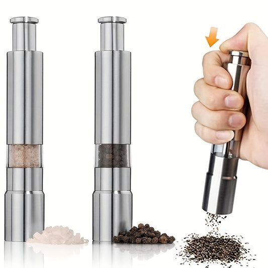 Manual Sea Salt and Pepper Grinder made from durable stainless steel, doesn't need electricity to function, and features a coarse grind option.